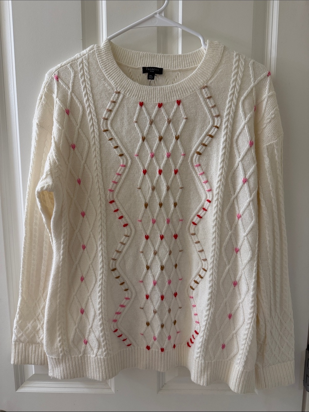Talbots Cream Cable Knit Sweater with Pink & Red Diamond Accents
